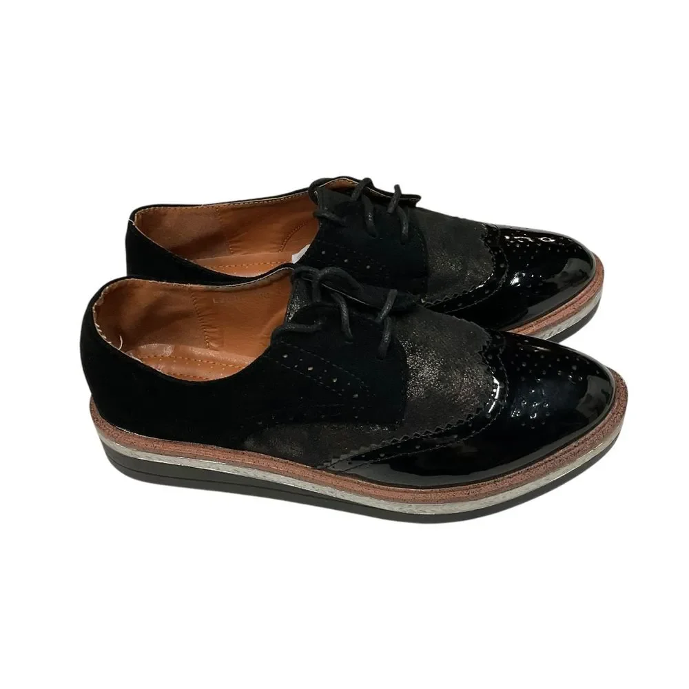 CINK-ME Patent Leather Oxford Platform Wingtip Brogue Shoes Black Texture Size 7